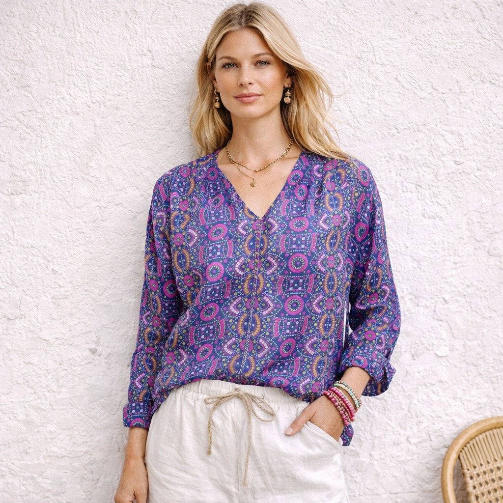 Matta New York Silk V-Neck Blouse Back Keyhole Blue Purple Size Medium